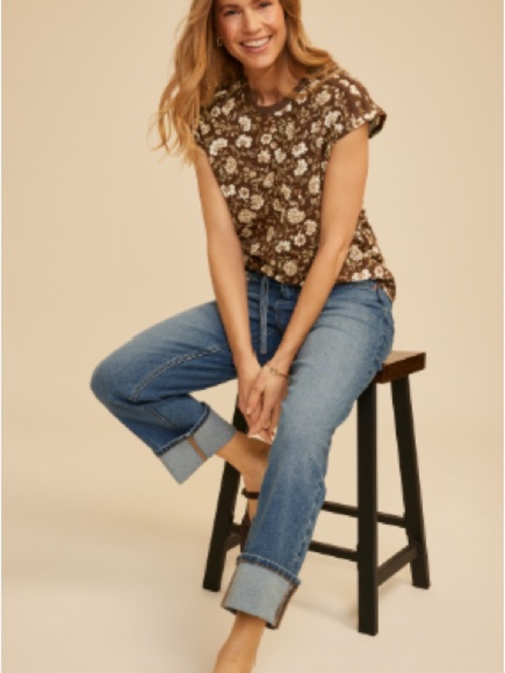 Maurices 24/7 Shoulder Seamed Floral Tee - chestnut brown combo size XXL
